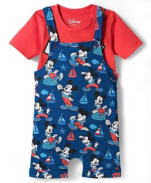 Babyhug Disney Single Jersey Knit Half Sleeves Mickey Mouse Printed Dungaree With Inner Tee - Navy Blue & Red