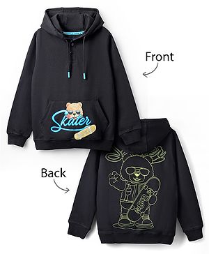 Pine Kids 100% Cotton Knit Full Sleeves Text & Bear Printed Hooded Sweatshirt With Kangaroo Pocket - Black
