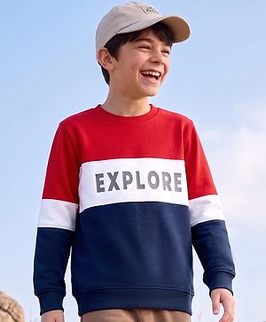 Pine Kids 100% Cotton Knit Full Sleeves Text Printed Sweatshirt - Red & Navy Blue