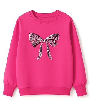 Pine Kids Cotton Knit Full Sleeves Sweatshirts With Sequin Detailing Bow - Pink