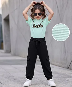 OLLINGTON ST. Cotton Knit Half
                              Sleeves Top & Pant Set With Text Print
                              - Green & Black