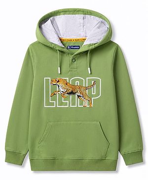 Pine Kids Cotton Knit Hooded Neck Sweatshirt with Leopard Graphic Print Green 4-5 Years