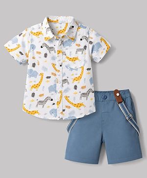 Babyhug Cotton Woven Half Sleeves Shirt & Shorts Set with Suspender & Jungle Theme Print - Blue & White