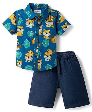 Babyhug Cotton Woven Half Sleeves Cubs Printed Shirt & Denim Shorts Set - Blue