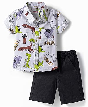 Babyhug Cotton Woven Half Sleeves Dino Printed Shirt & Denim Shorts Set - Multicolor