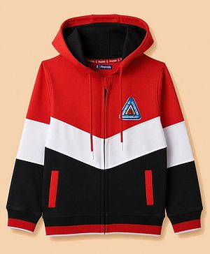 Pine Kids 100% Cotton Knit Full Sleeves Hooded Sweatjacket With   Text Embroidery - Red