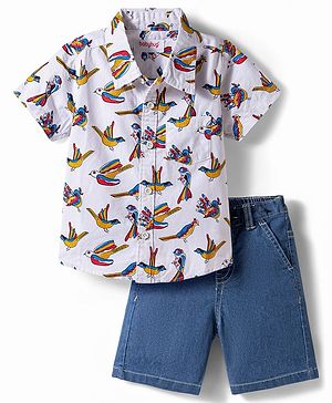Babyhug Cotton Woven Half Sleeves Birds Printed Shirt & Denim Shorts Set - Multicolor
