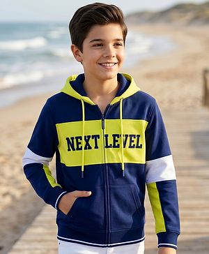 Pine Kids Cotton Knit Full Sleeves Colour Block Hooded Sweatshirt with Text Print- Navy