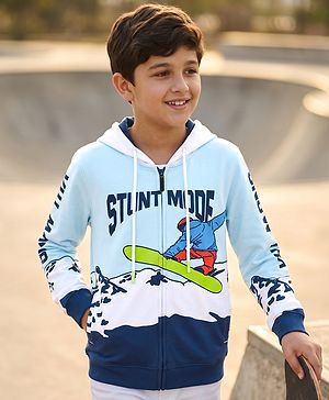 Pine Kids Cotton Knit Full Sleeves Hooded Sweat Jacket with Skating Print - Blue