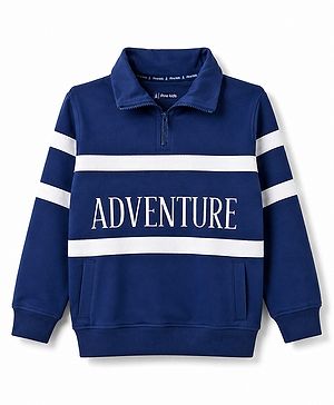 Pine Kids 100% Cotton Knit Full Sleeves Text Printed & Striped Sweatshirt - Navy Blue