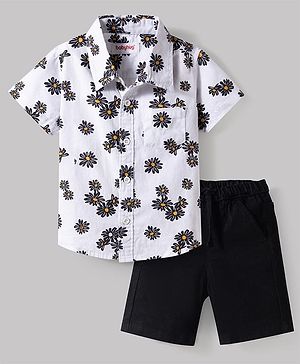 Babyhug Cotton Woven Half Sleeves Shirt & Denim Shorts Set With Floral Print - Multicolor