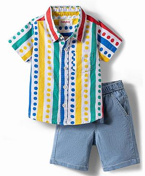 Babyhug Cotton Woven Half Sleeves Polka Dots Printed Shirt & Denim Shorts Set - Multicolor