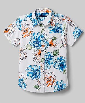 Pine Kids Cotton Woven Printed Half Sleeves Collared Shirt - White