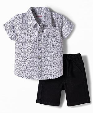 Babyhug Cotton Woven Half Sleeves Shirt & Denim Shorts Set With Floral Print - Multicolor