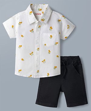 Babyhug Cotton Woven Denim Half Sleeves Floral Printed Shirt &  Shorts Set- White & Black
