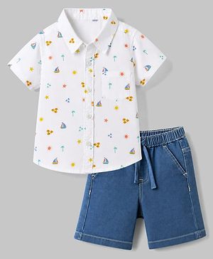 Babyhug Cotton Woven Half Sleeves Shirt & Shorts Set with Nautical Theme Print - Blue & White