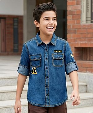 Pine Kids Cotton Woven Denim Shirt with Roll Up Sleeves and Appliques Multi Color 4-5 Years
