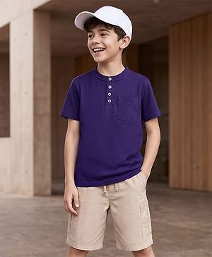 Pine Kids Cotton Knit Half Sleeves Solid T-Shirt & Shorts Set - Purple