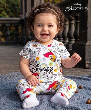 Babyhug Disney 100% Cotton Knit Half Sleeves Romper With Aristocats Marie Graphic - White