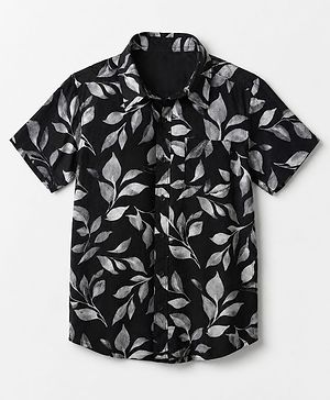 Pine Kids Cotton Woven Shirt with Half Sleeves and Leaf Print in Black