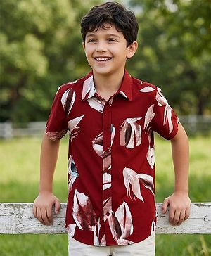 Pine Kids Cotton Woven Half Sleeves Leafy Printed Shirt - Dark Red