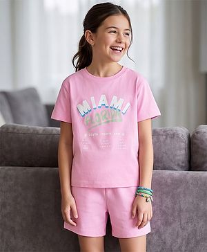 Pine Kids Cotton Knit Half Sleeves Top & Shorts Set with Miami Print - Pink