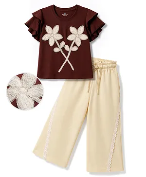 Ollington St. Cotton Knit Half Sleeve
                              Frill Top With Flower Detail &
                              Culottes- Brown & Beige