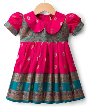 Bhartiya Paridhan Silk Woven Half
                              Sleeves Flared Peter Pan Collared Ethnic
                              Dress With Floral Foil Print - Dark Pink
                              & Blue