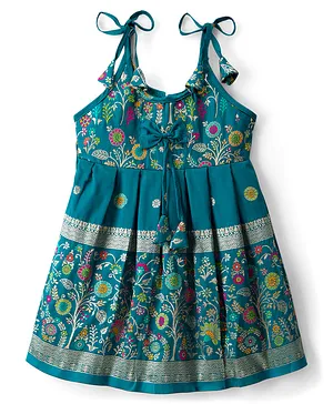 Bhartiya Paridhan Silk Woven
                                  Sleeveless Flared Ethnic Dress With
                                  Floral Foil Print - Blue