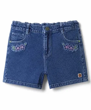 Olio Kids
                              Above Knee Length Denim Knit Shorts with
                              Floral Embroidery - Light Blue