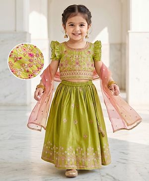 Babyhug Woven Frill Sleeves Georgett Embroidered & Sequinned Lehenga Choli & Dupatta Set- Lime Green