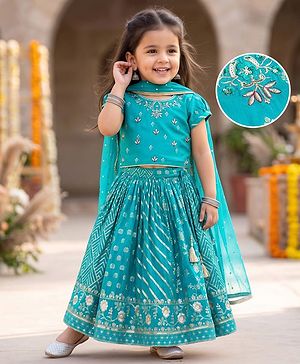 Babyhug Brocade Woven Half Sleeves  Choli Lagenga Dupattta Set with Floral and Sequinned Embroidery - Teal