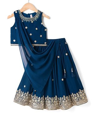 Babyhug Georgette Woven Sleeveless Choli Lahenga Dupatta Set with Sequinned Floral Embroidery - Navy