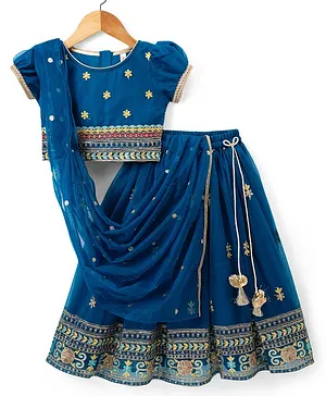 Babyhug Net Woven Half Sleeves Floral
                              Embroidered Choli & Lehenga Set With
                              Dupatta - Blue