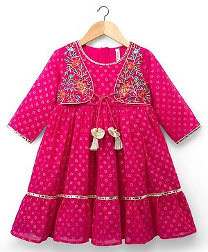 Babyhug Georgette Woven Full Sleeves Printed Ethnic Dress & Jacket With Floral Embroidery - Fuschia