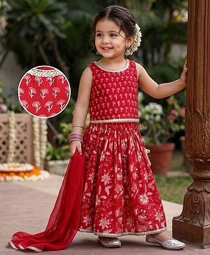 Babyhug 100% Cotton Cambric Woven Sleeveless Floral Printed Choli & Lehenga Set With Dupatta - Red