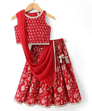 Babyhug Cotton Cambric Woven
                              Sleeveless Floral Printed Choli &
                              Lehenga Set With Dupatta - Red