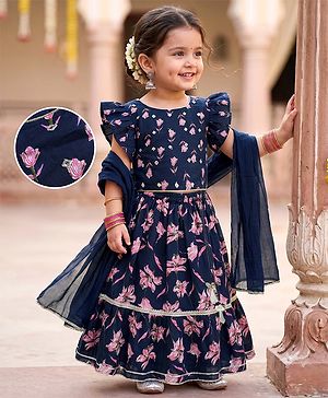 Babyhug 100% Cotton Cambric Woven Half Sleeves Choli Lehenga Set with Floral Print & Dupatta - Navy Blue