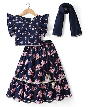 Babyhug Cambric Woven Half Sleeves
                              Choli Lehenga Set with Floral Print &
                              Dupatta - Navy Blue