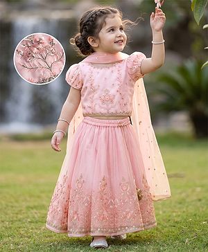 Babyhug Net Woven Half Sleeves Floral Embroidered Lehenga Choli Set with Dupatta - Pink