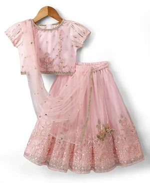 Babyhug Net Woven Half Sleeves Floral
                              Embroidered Lehenga Choli Set with Dupatta
                              - Pink
