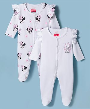 Babyhug Disney 100% Cotton Knit Full Sleeves Sleepsuits With Disney Character Graphic Pack of 2 - White