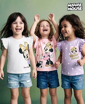 Babyhug Disney Cotton Knit Half Sleeves Top with Minnie Mouse Graphics Pack of 3 - Multi Color