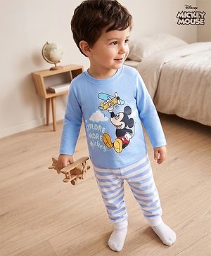 Babyhug Disney Single Jersey Knit Full Sleeves T-Shirt & Striped Pyjama Night Suit With Mickey Mouse Graphic - Light Blue