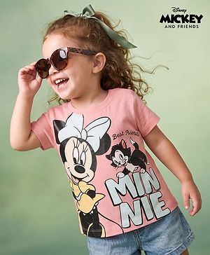 Babyhug Disney Single Jersey Knit Half Sleeves T-Shirts with Minnie Mouse Print - Pink