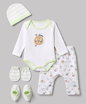 Babyhug 100% Cotton Interlock Knit Full Sleeves Animal Printed Onesies with Leggings & Cap Mittens and Booties - White