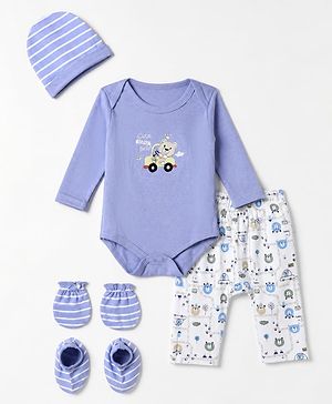 Babyhug 100% Cotton Interlock Knit Full Sleeves Teddy Bear Printed Onesies with Leggings & Cap Mittens and Booties - White