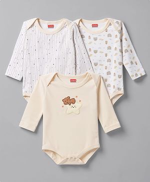 Babyhug 100% Cotton Interlock Knit Full Sleeves Striped Onesies with Bear Applique Pack of 3 - White