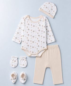 Babyhug 100% Cotton Knit Full Sleeves House Printed Onesie With Leggings & Cap Mittens & Booties Set - White & Beige