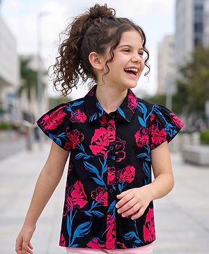 Pine Kids Rayon Woven Collar Neck Shirt Style Top with Floral Print -Navy